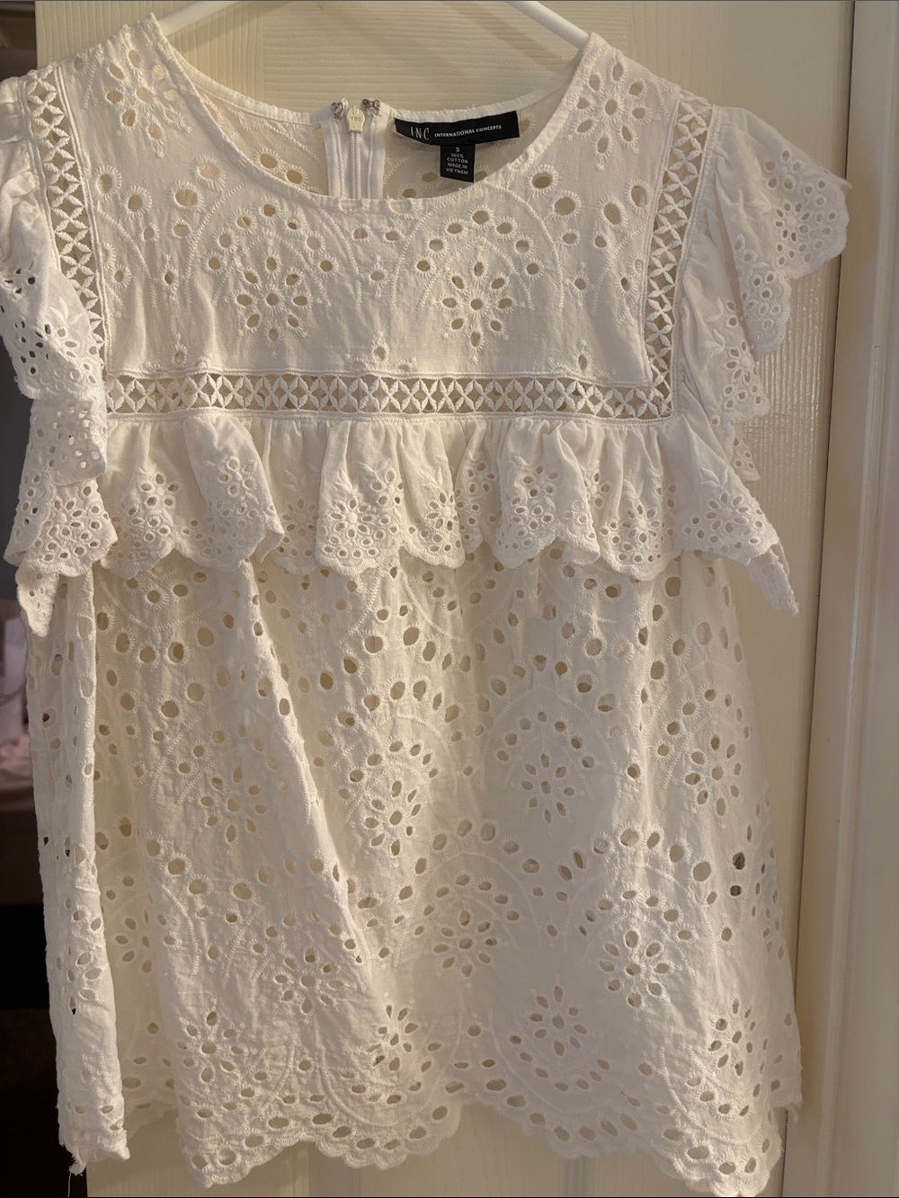 INC International Concepts White Eyelet Ruffle Short Sleeve Top